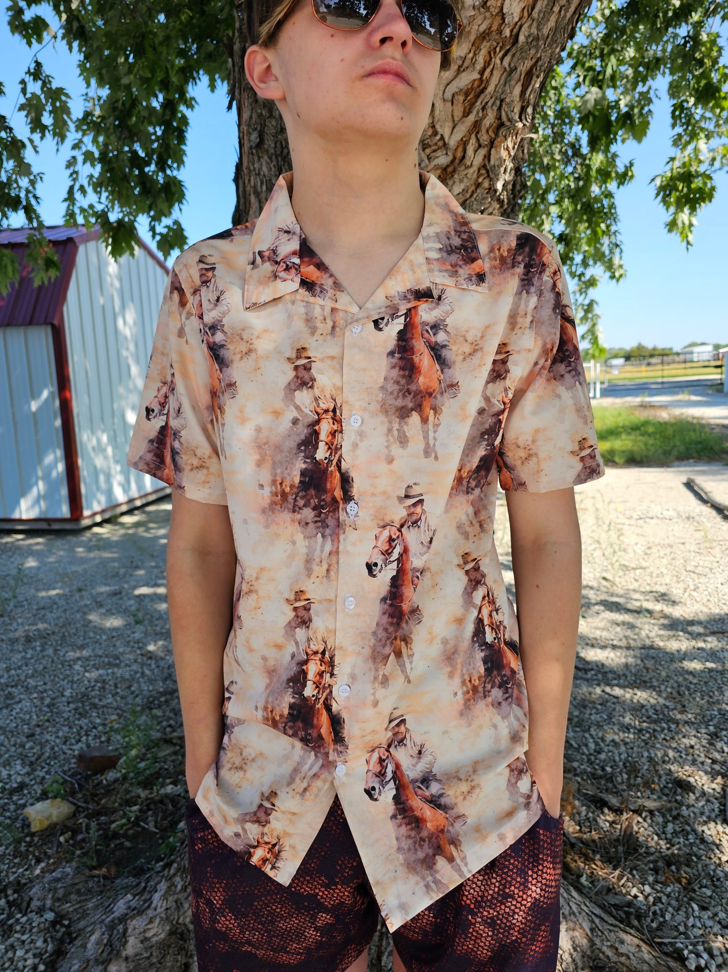 Baha Ranch Grunge Cowboy Men's Western Camp Shirt