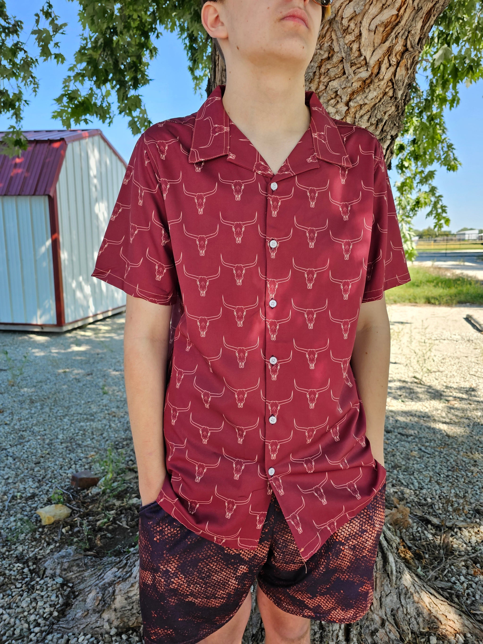 Baha Ranch Burgandy Longhorn Men's Western Camp Shirt
