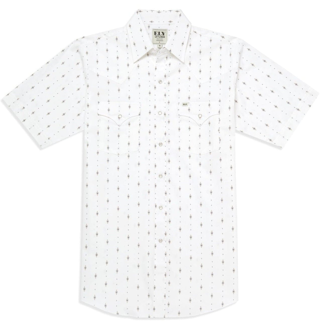 Men's Ely Cattleman Short Sleeve Diamond Aztec Print Western Snap Shirt- Navy & White - Ely Cattleman