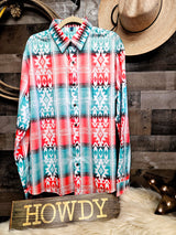 Baha Ranch Turquoise Orange Aztec Unisex Western Button UP Shirt