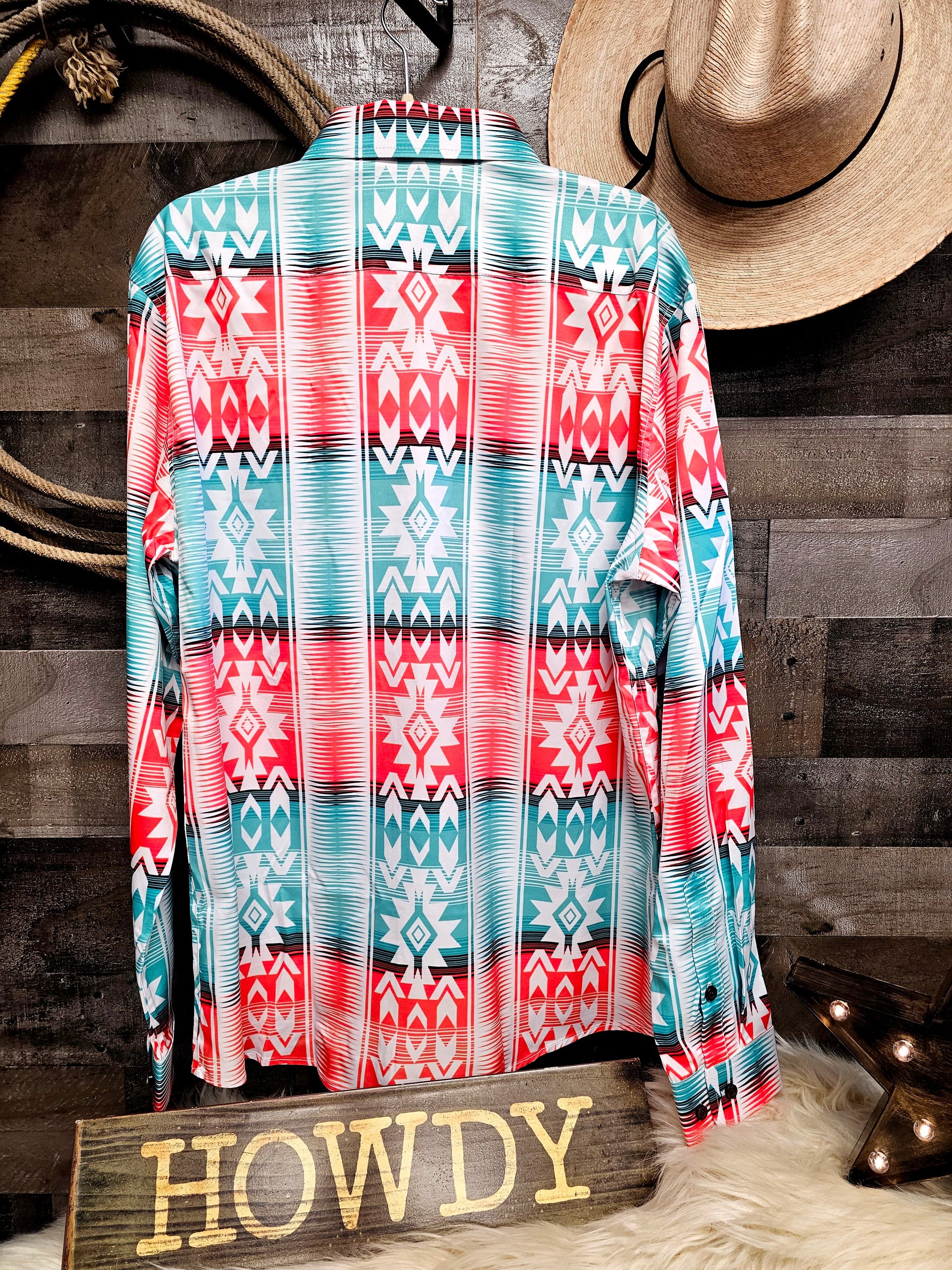Baha Ranch Turquoise Orange Aztec Unisex Western Button UP Shirt