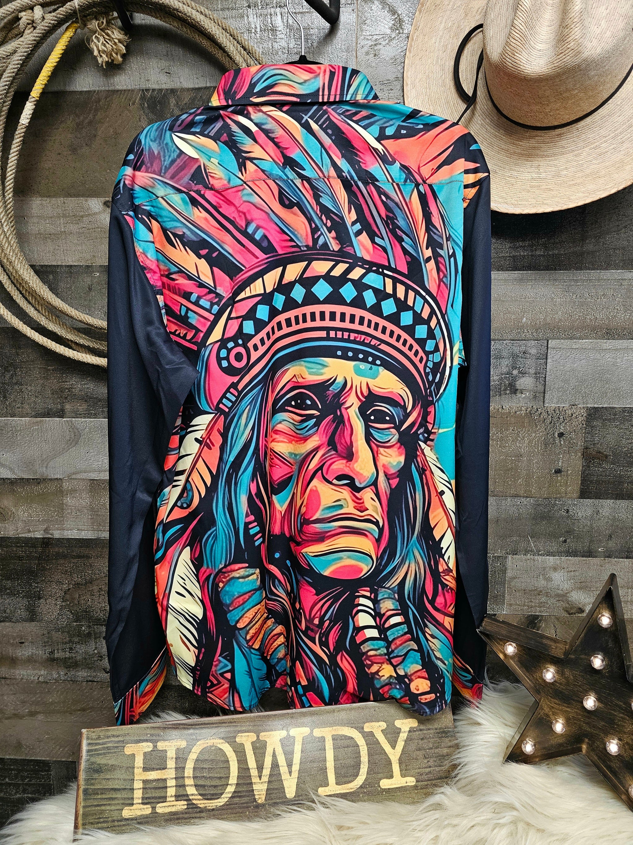 Baha Ranch Painted Indian Chief Unisex Western Button Up Shirt