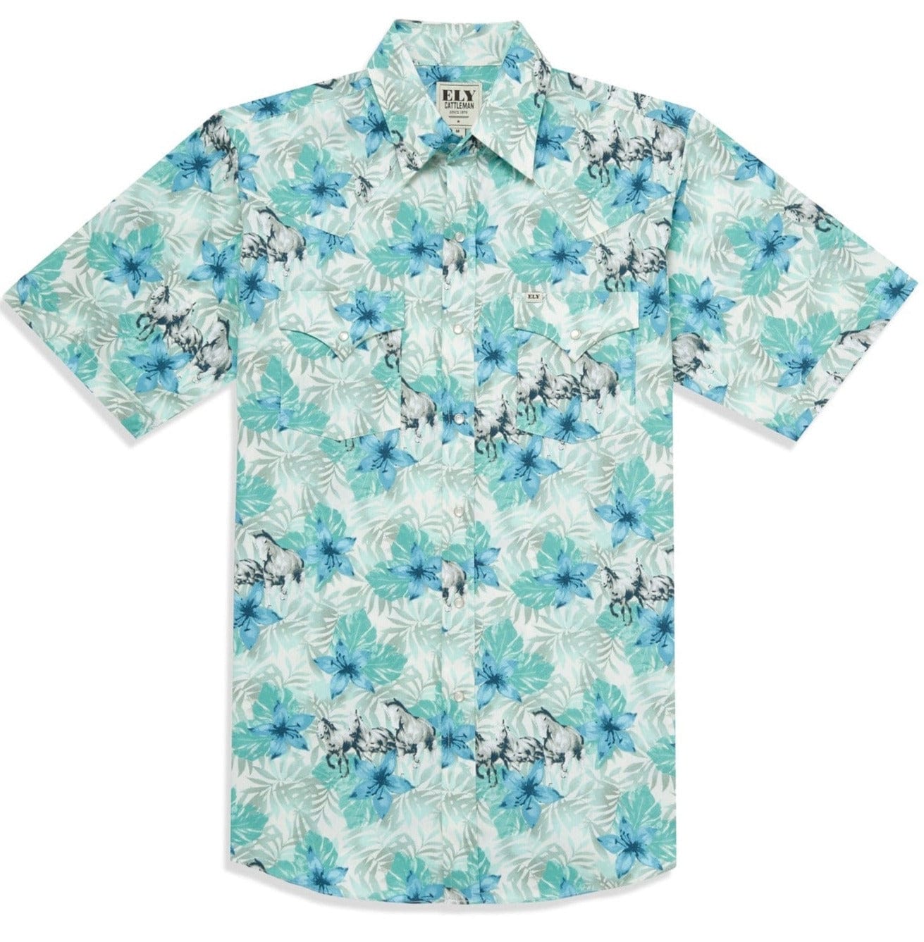 Men's Ely Cattleman Short Sleeve Hawaiian Horse Print Western Snap Shirt- Tan & Ecru - Ely Cattleman