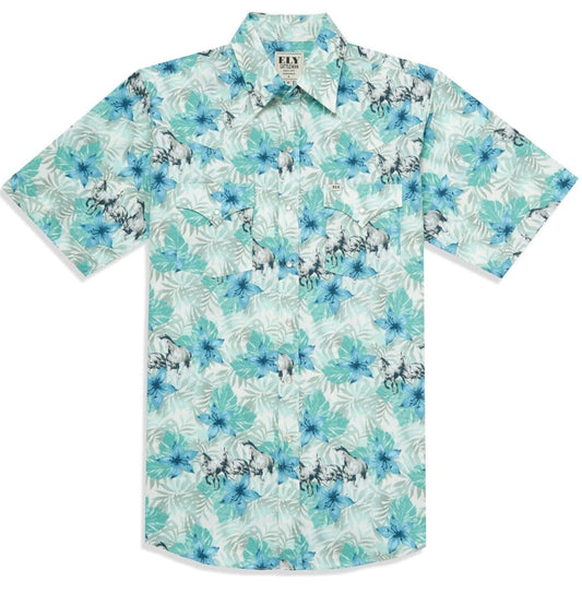 Men's Ely Cattleman Short Sleeve Hawaiian Horse Print Western Snap Shirt- Tan & Ecru - Ely Cattleman