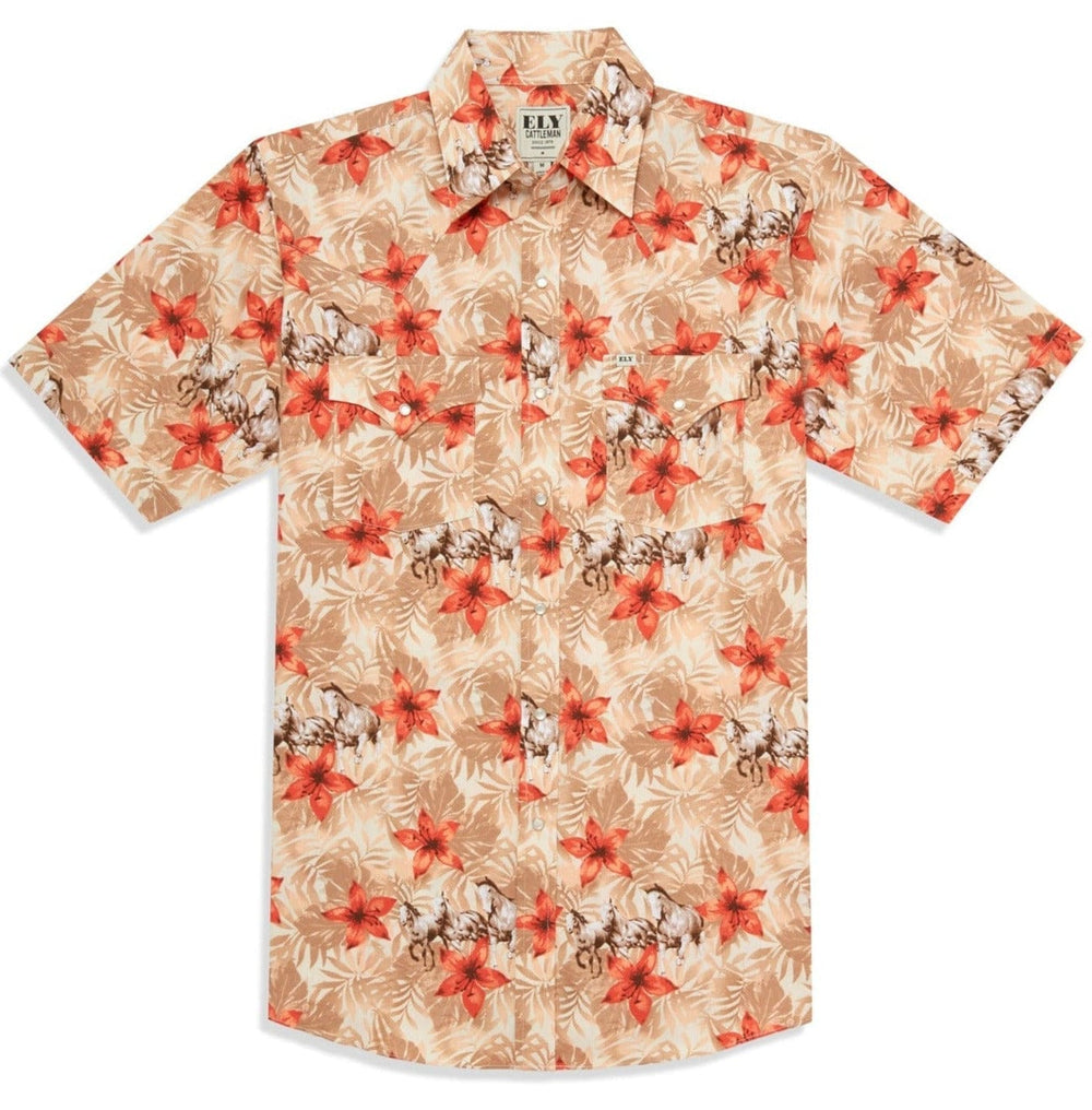 Men's Ely Cattleman Short Sleeve Hawaiian Horse Print Western Snap Shirt- Tan & Ecru - Ely Cattleman