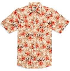 Men's Ely Cattleman Short Sleeve Hawaiian Horse Print Western Snap Shirt- Tan & Ecru - Ely Cattleman