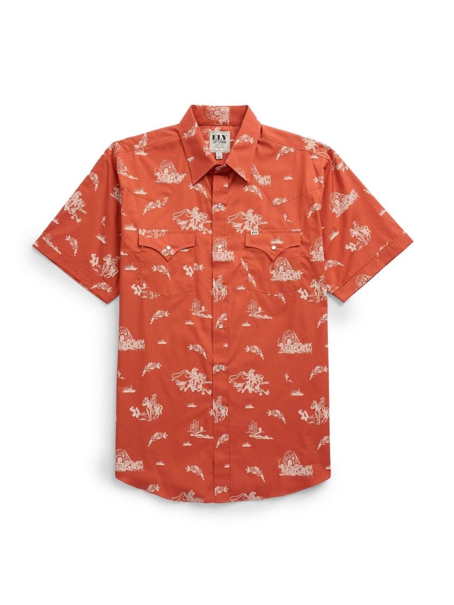 Men's Ely Cattleman Short Sleeve Cowboy Print Western Snap Shirt- Spice & Ecru - Ely Cattleman - Flyclothing LLC