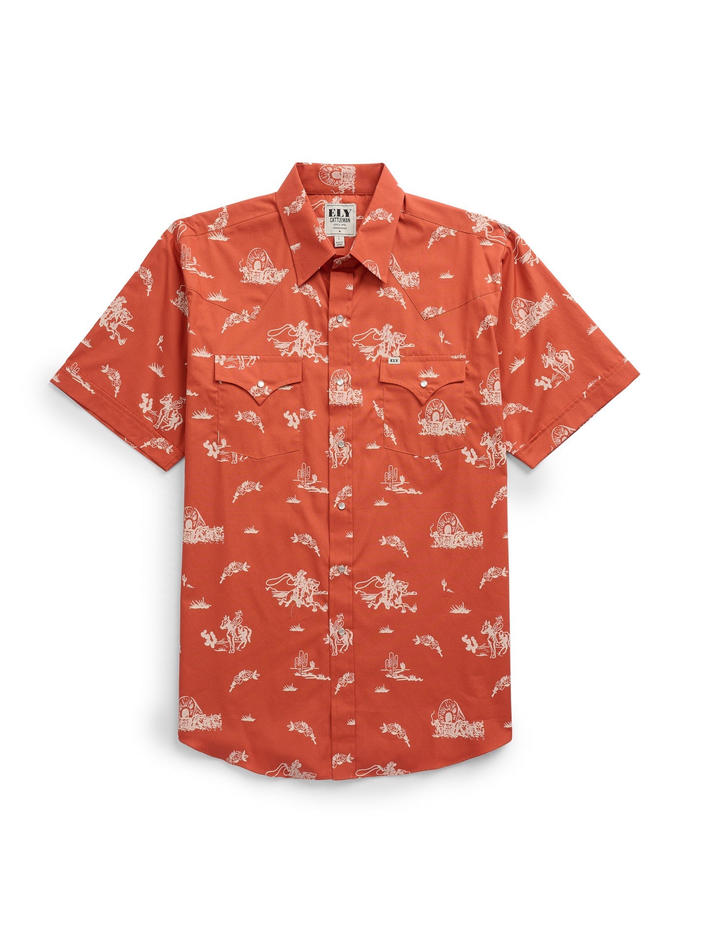 Men's Ely Cattleman Short Sleeve Cowboy Print Western Snap Shirt- Spice & Ecru