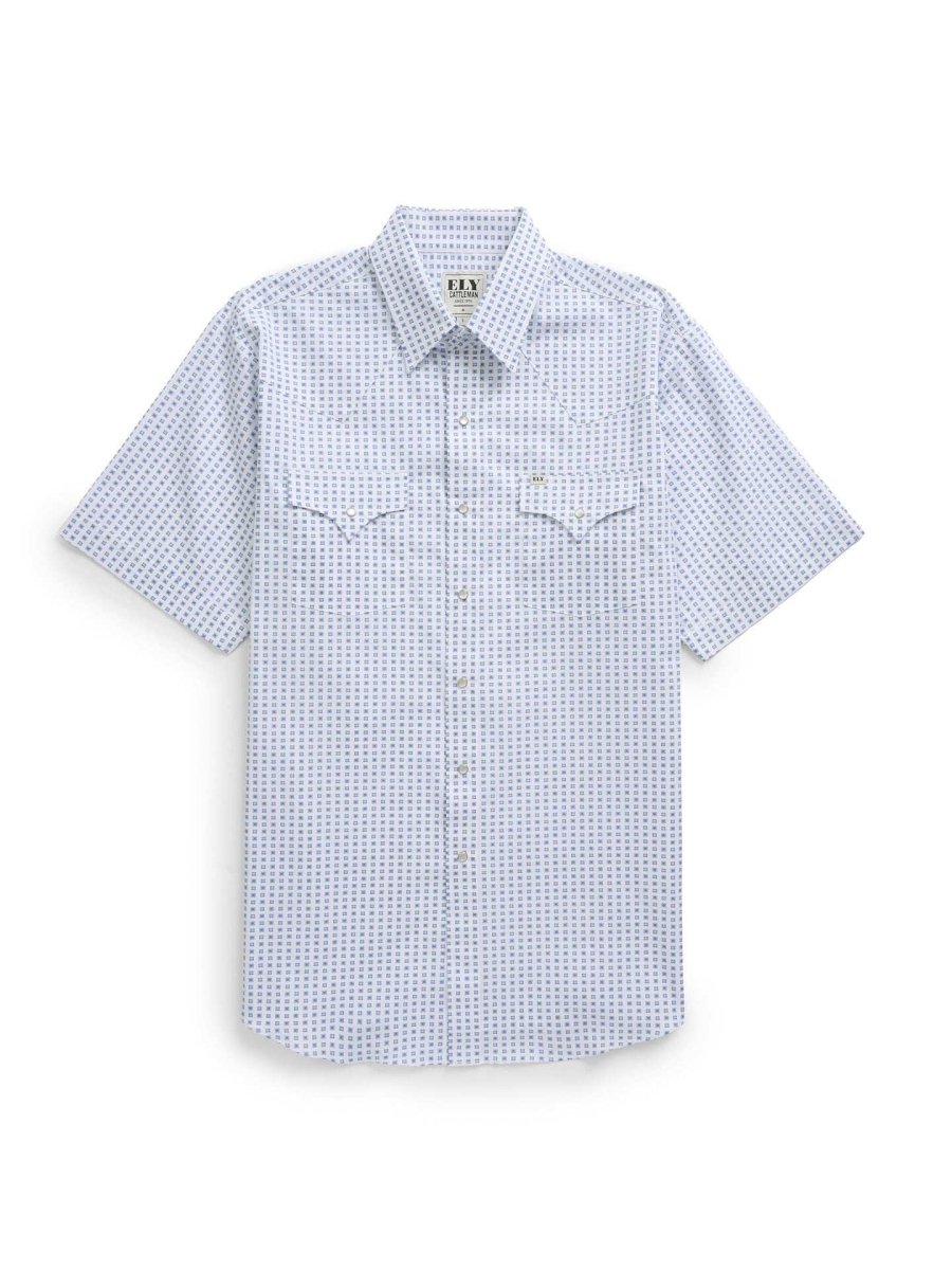 Men's Ely Cattleman Short Sleeve Geo Print Western Snap Shirt- Tan & White - Ely Cattleman