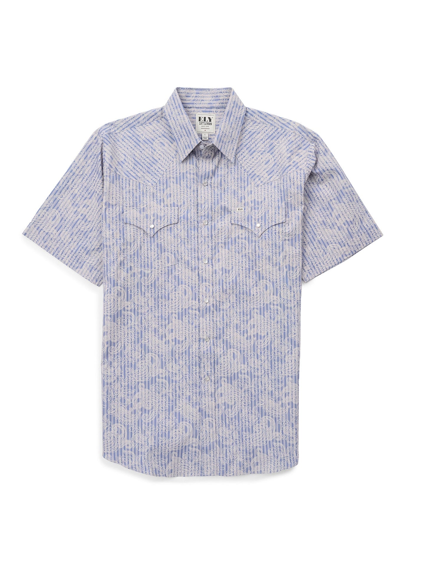 Men's Ely Cattleman Short Sleeve Stone Blue Paisley Print Western Snap Shirt