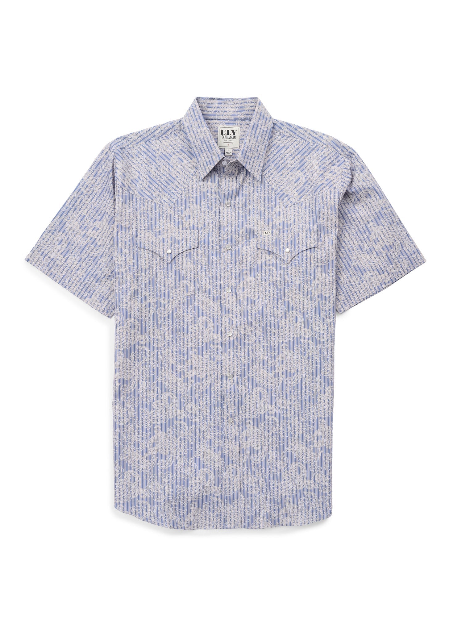 Men's Ely Cattleman Short Sleeve Stone Blue Paisley Print Western Snap Shirt