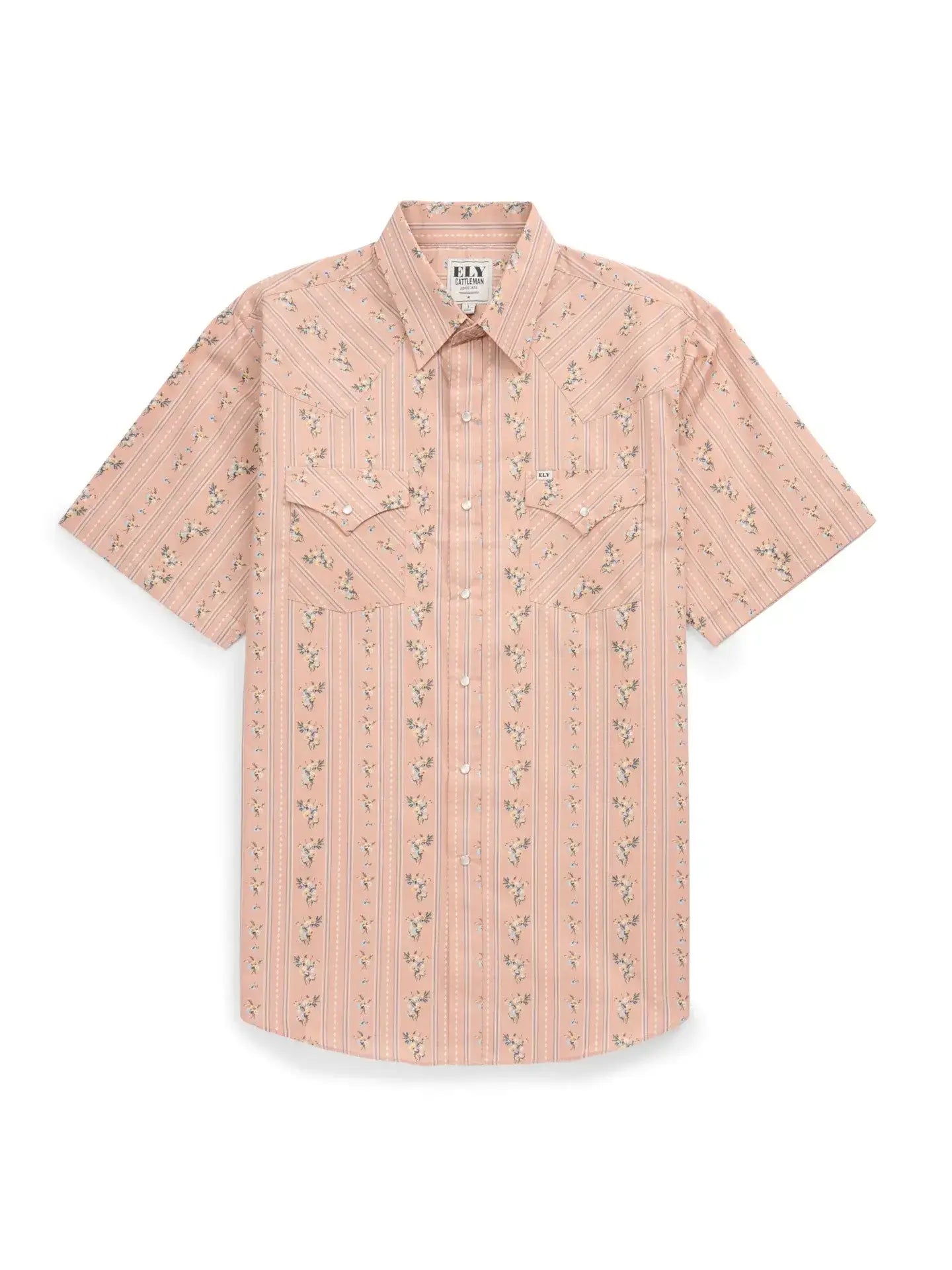 Men's Ely Cattleman Short Sleeve Wallpaper Floral Khaki Print Western Snap Shirt - Ely Cattleman - Flyclothing LLC