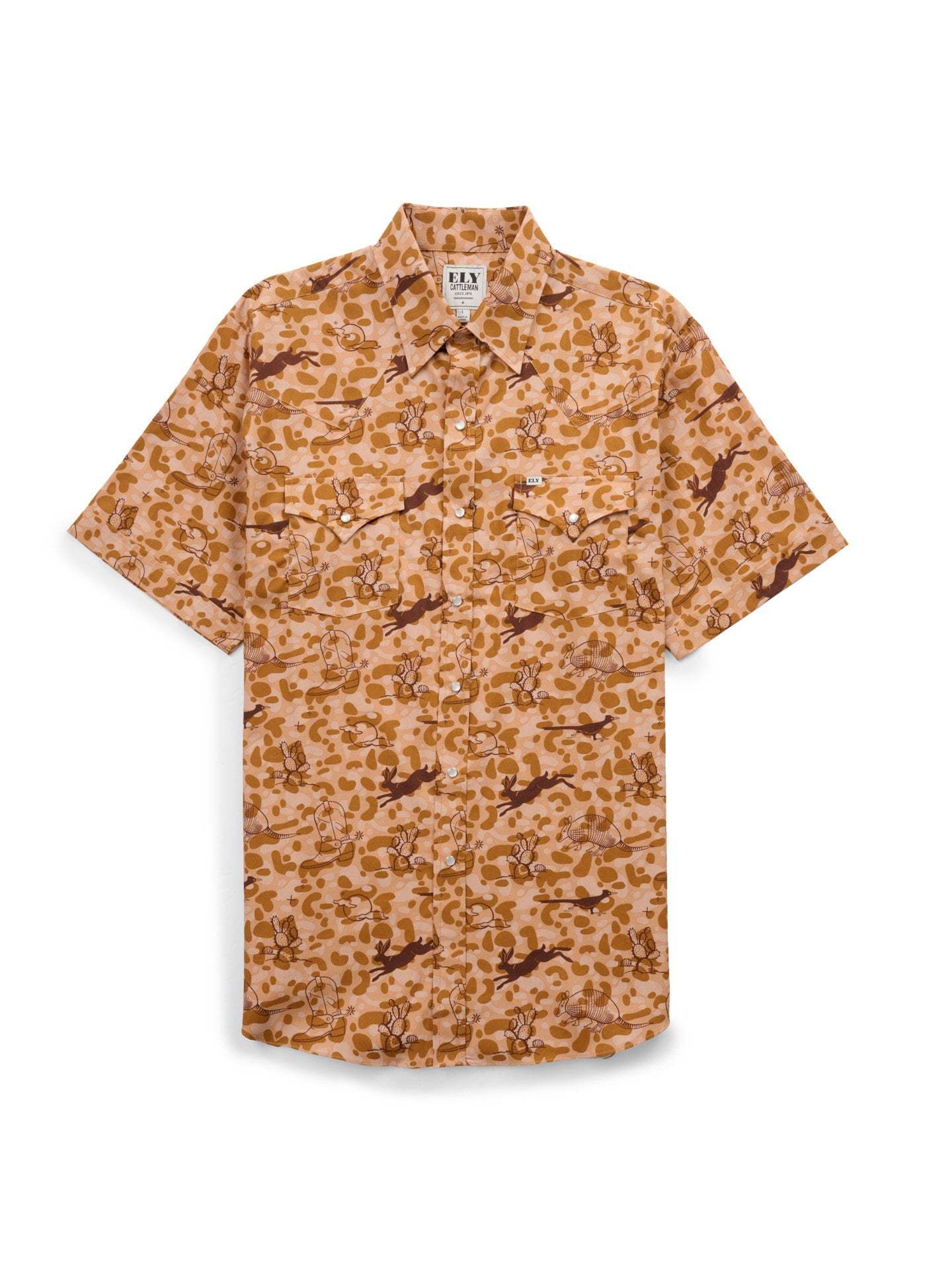 Men's Ely Cattleman Short Sleeve Conversational Camo-Tan Print Western Snap Shirt - Ely Cattleman - Flyclothing LLC