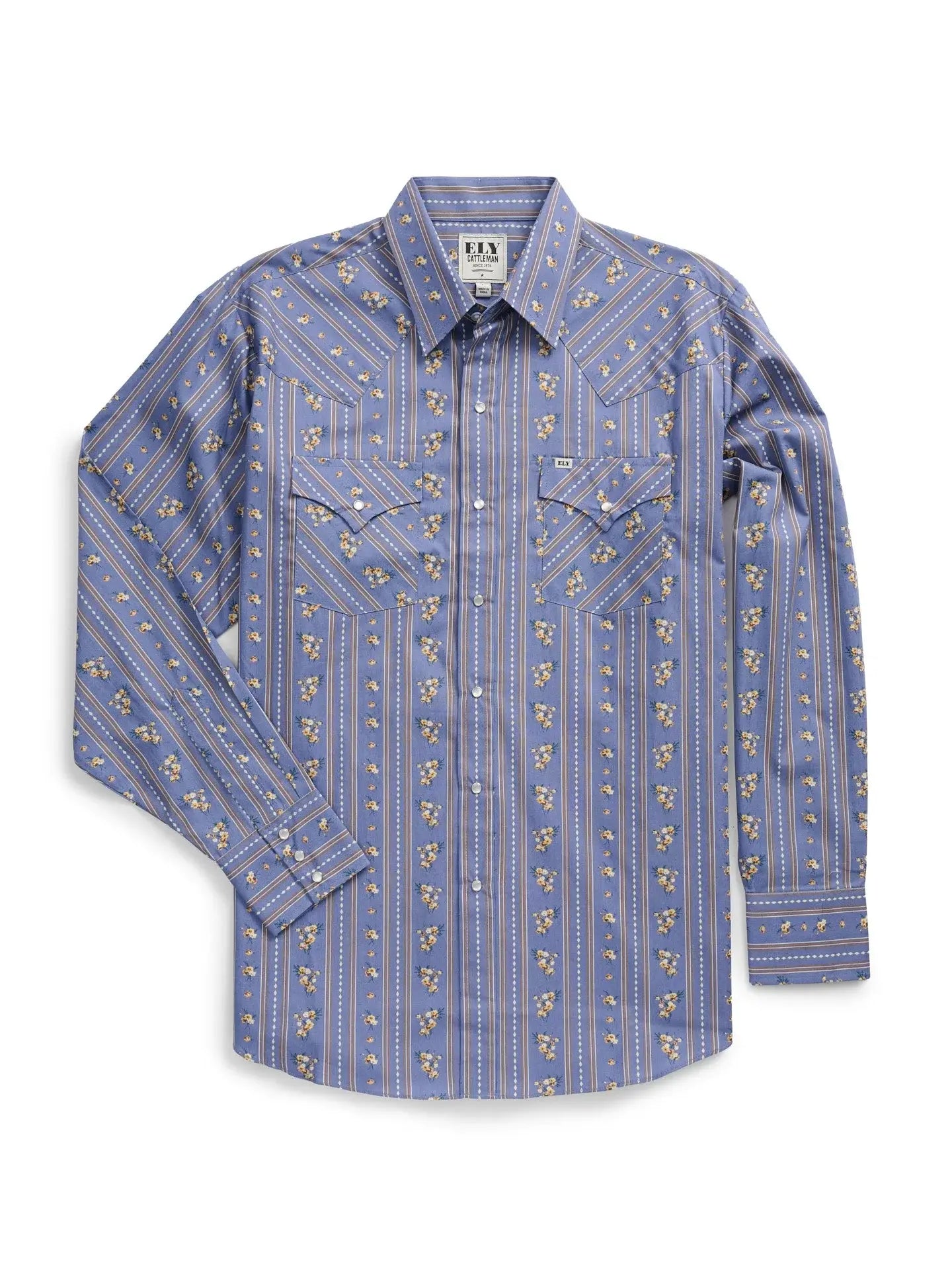 Men's Ely Cattleman Long Sleeve Wallpaper Floral Print Western Snap Shirt- Denim Blue - Ely Cattleman - Flyclothing LLC