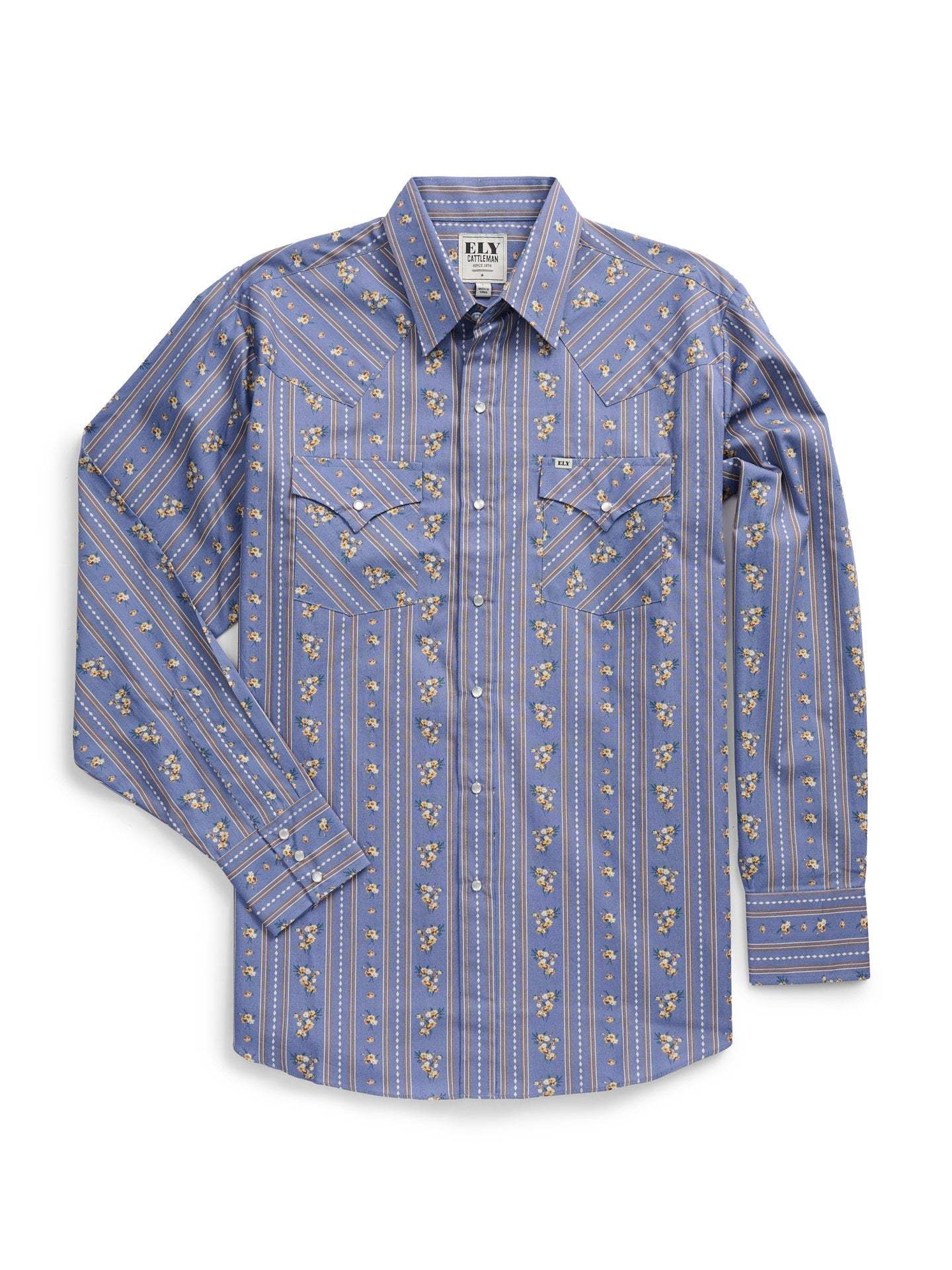 Men's Ely Cattleman Long Sleeve Wallpaper Floral Print Western Snap Shirt- Denim Blue - Ely Cattleman - Flyclothing LLC