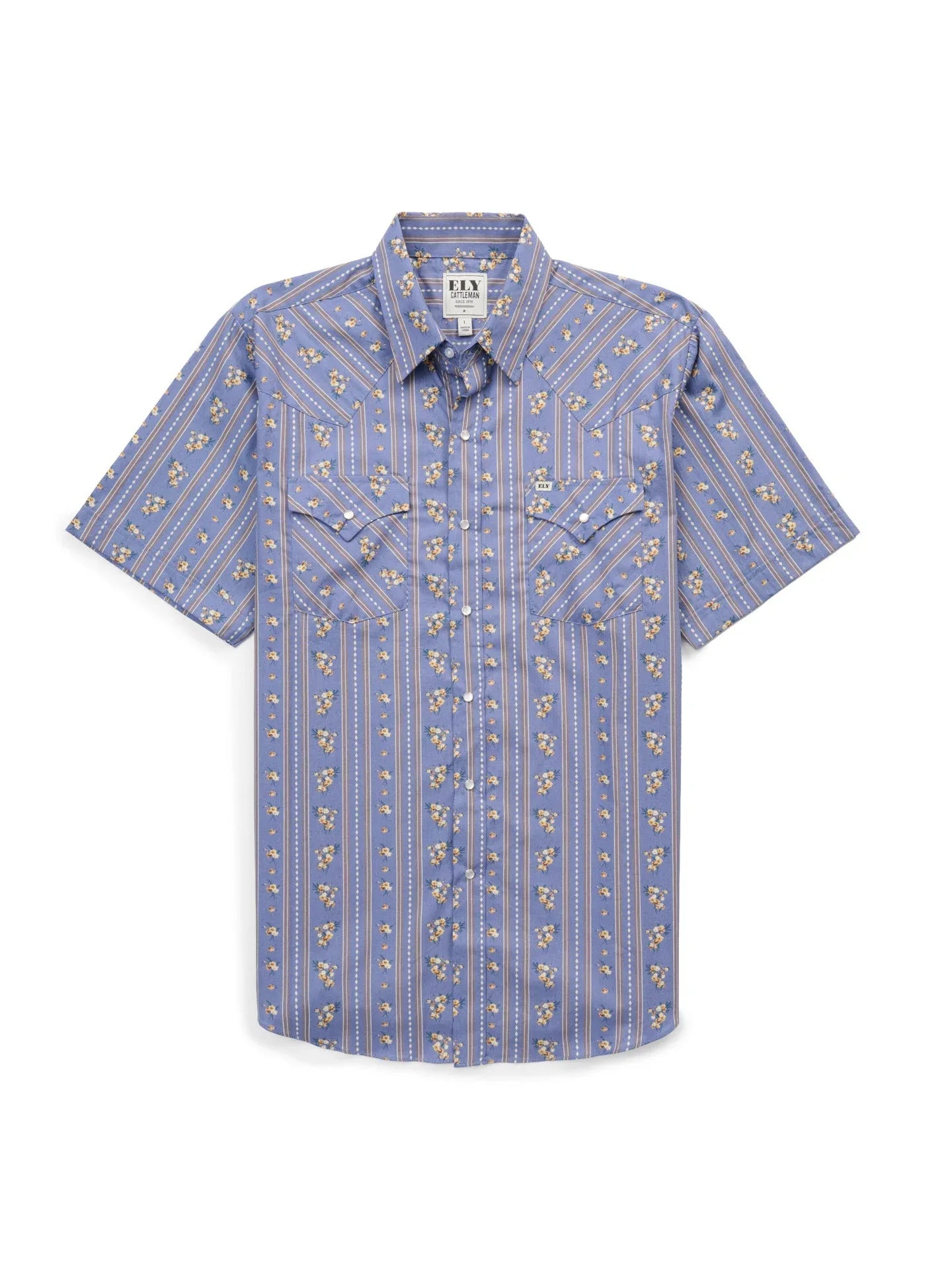 Men's Ely Cattleman Short Sleeve Wallpaper Floral Print Western Snap Shirt- Denim Blue
