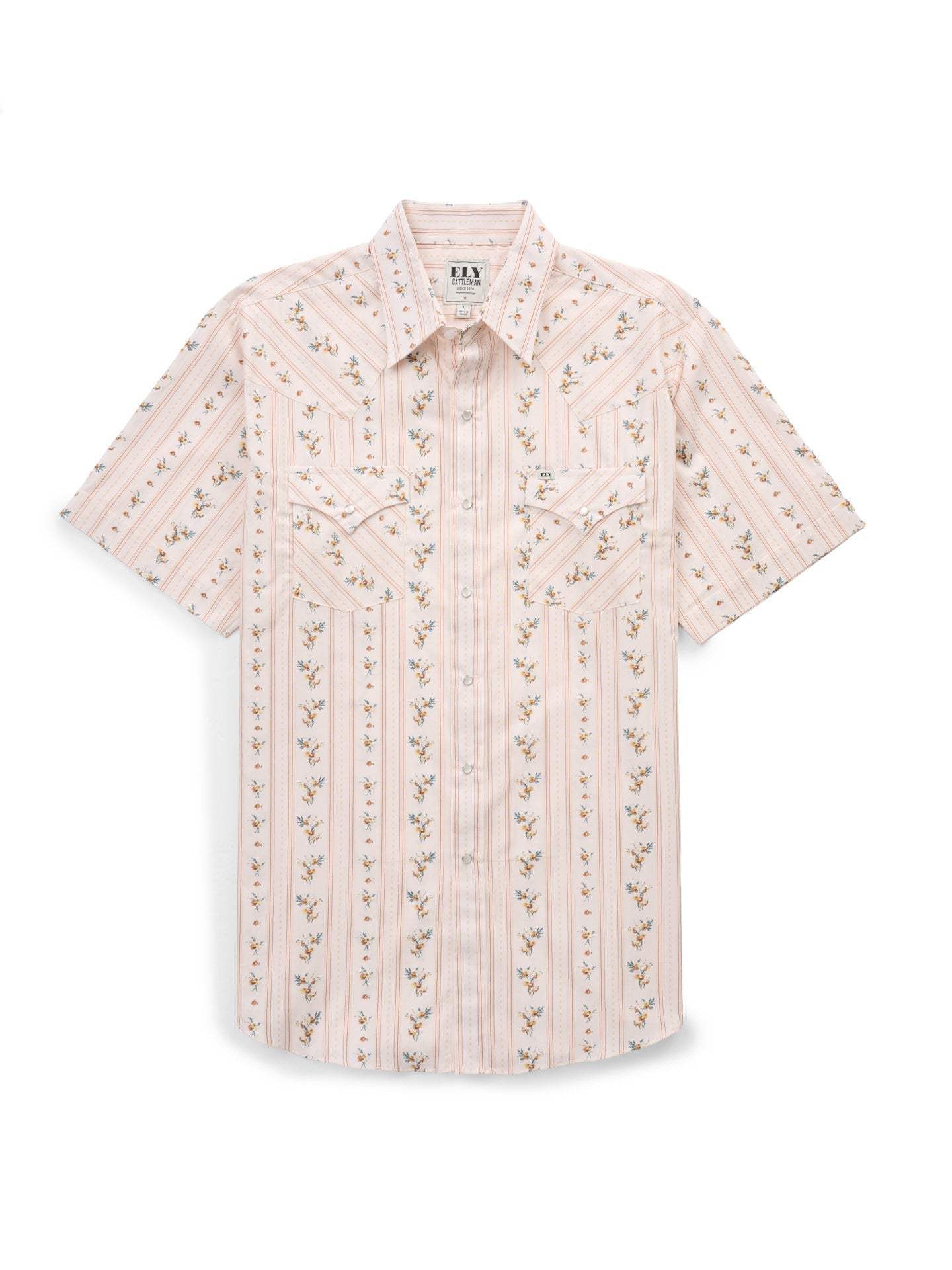 Men's Ely Cattleman Short Sleeve Wallpaper Floral Print Western Snap Shirt- Ecru