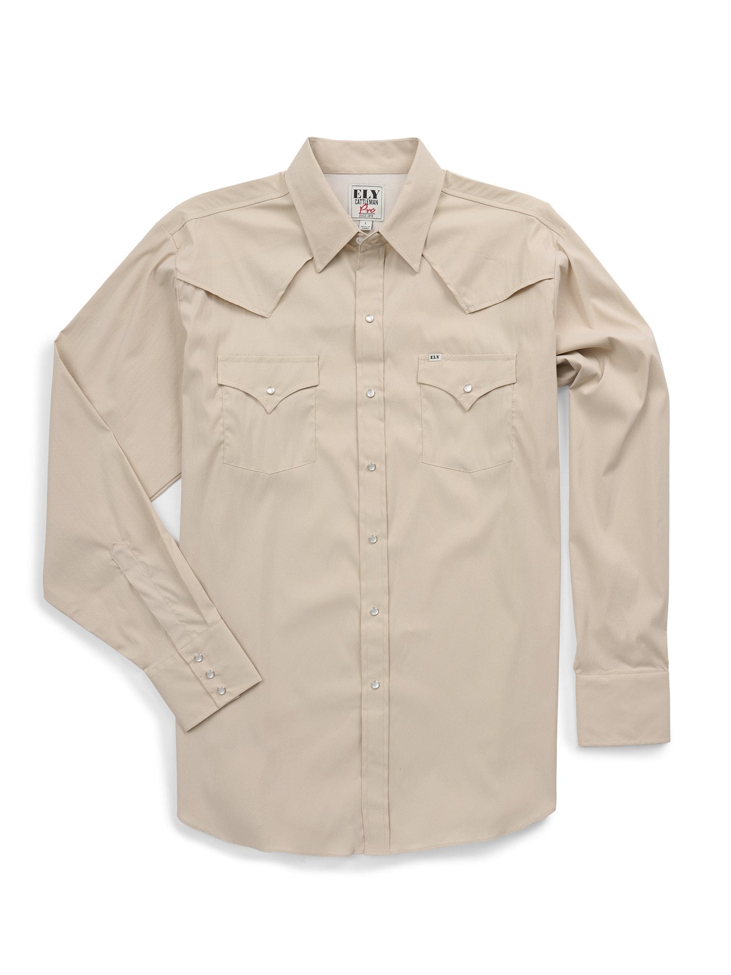 Men's Ely Cattleman Pro Long Sleeve Stretch Solid Khaki Vented Western Shirt