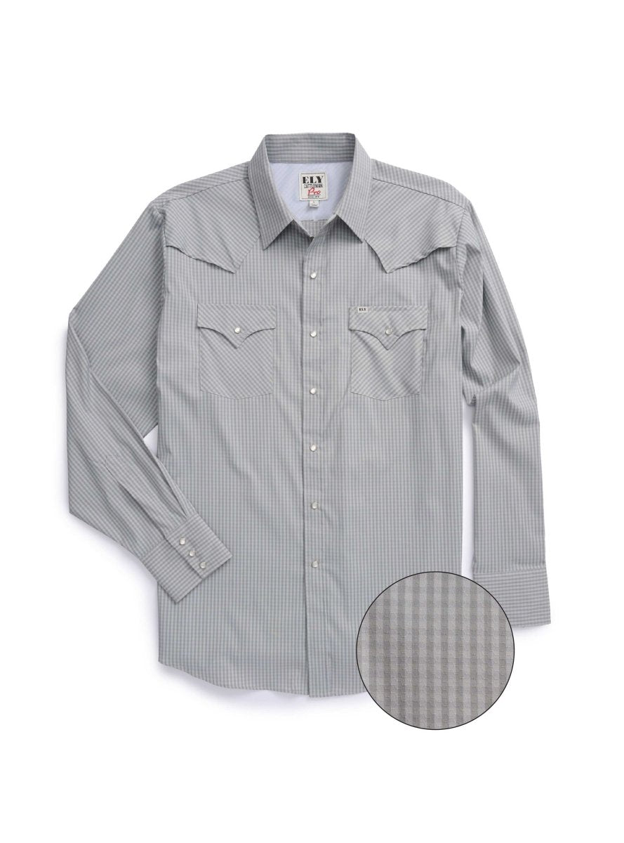 Men's Ely Cattleman Pro Long Sleeve Stretch Vented Western Shirt- Gray Check - Ely Cattleman