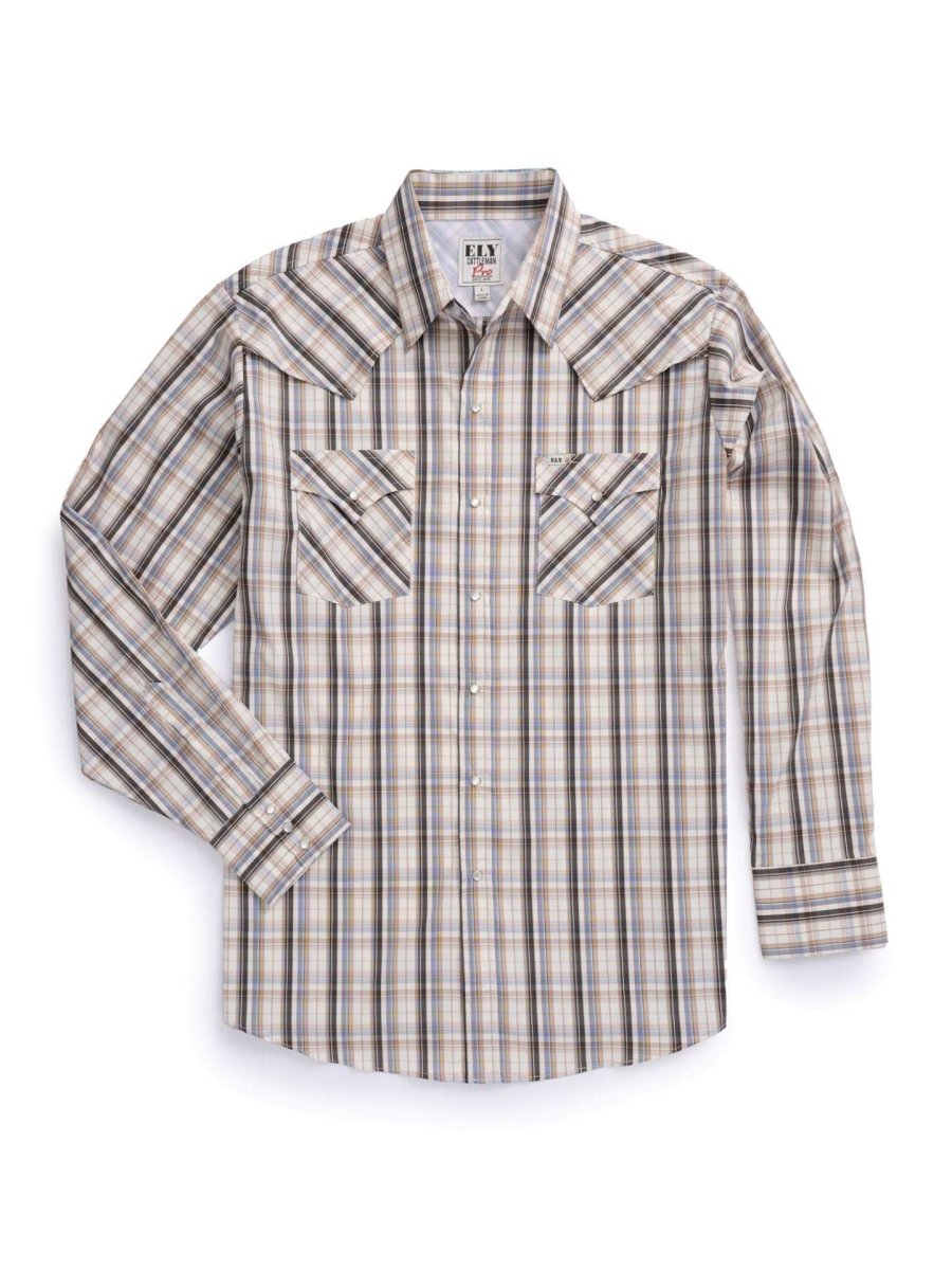 Men's Ely Cattleman Pro Long Sleeve Stretch Vented Western Shirt- Tan Plaid - Ely Cattleman