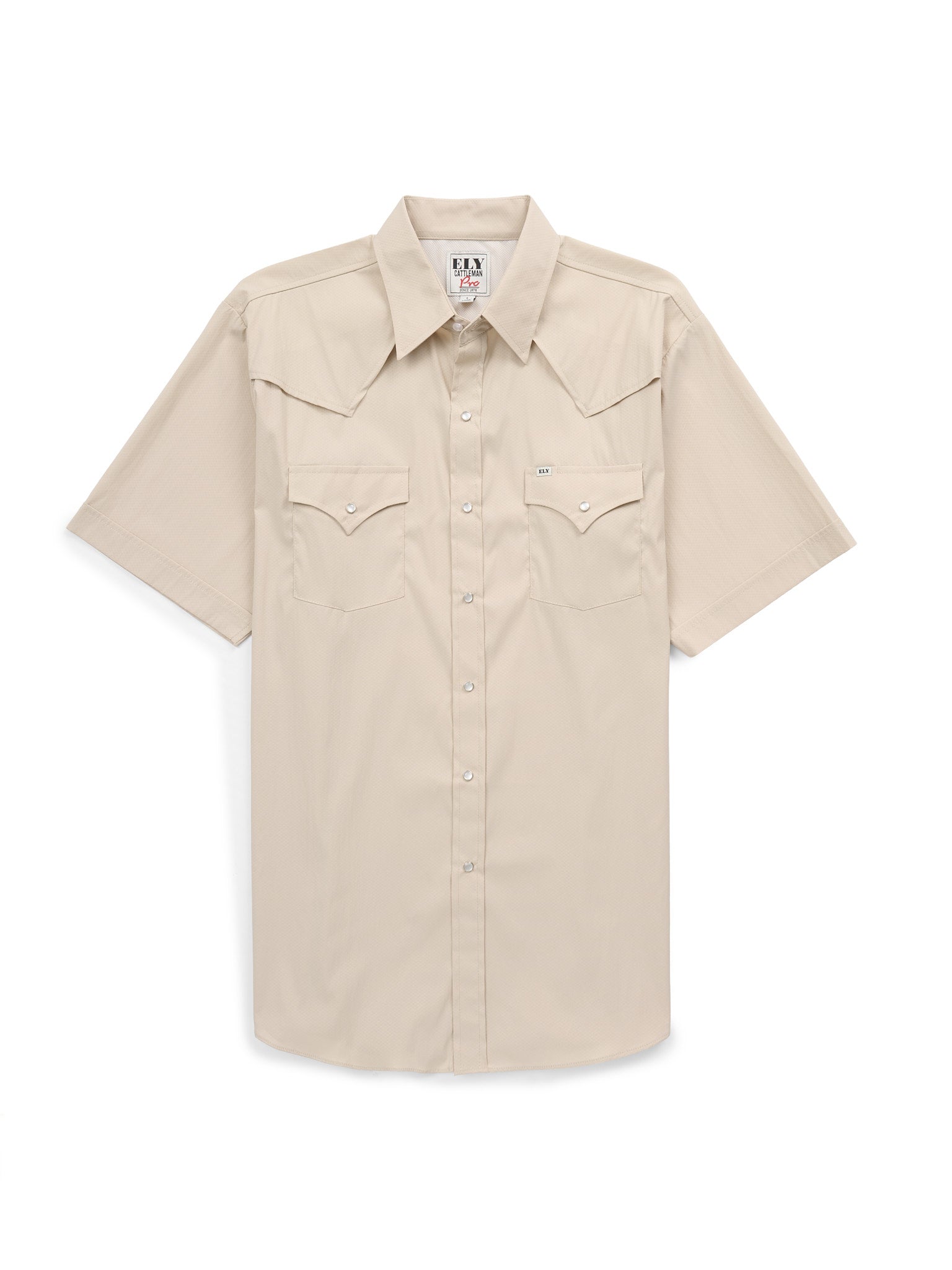Men's Ely Cattleman Pro Short Sleeve Stretch Solid Khaki Vented Western Shirt