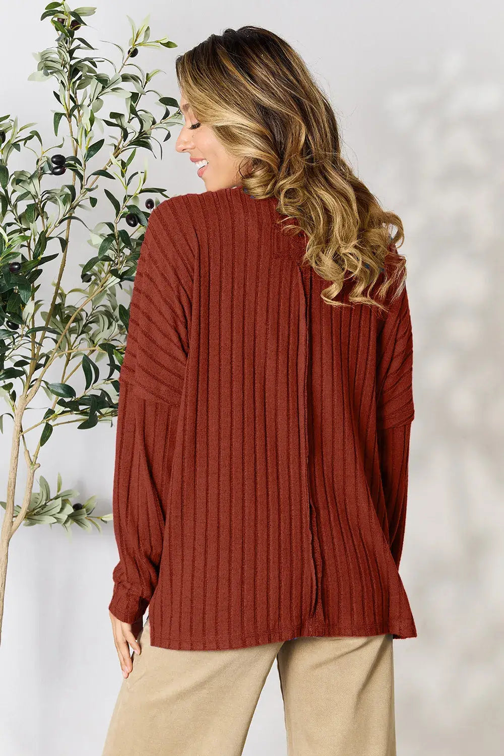 Basic Bae Full Size Ribbed Round Neck Slit Knit Top - ShopBasicbae - Flyclothing LLC