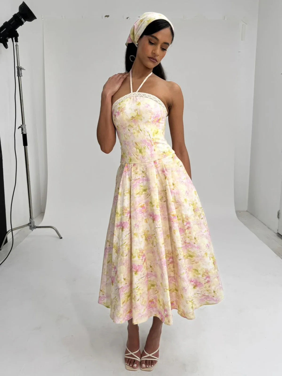 Zaina Yellow Pink Floral Print Lace Trim Linen Midi Dress - Miss Circle - Flyclothing LLC