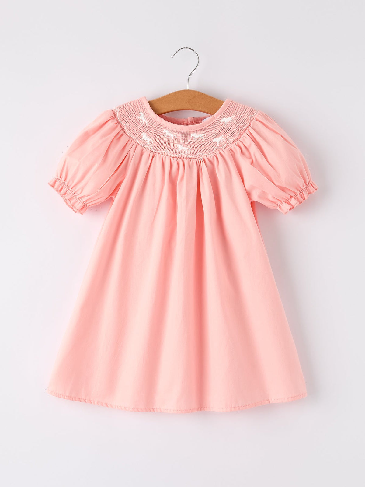 Girls Horse Smocking Embroidered Coral Dress - Rylee Faith Designs - Flyclothing LLC