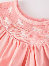 Girls Horse Smocking Embroidered Coral Dress - Rylee Faith Designs - Flyclothing LLC