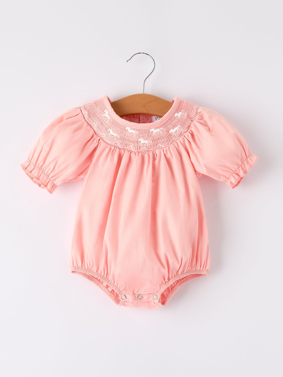 Girls Horse Smocking Embroidered Coral Romper - Rylee Faith Designs - Flyclothing LLC