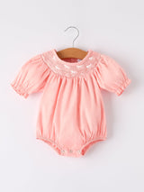 Girls Horse Smocking Embroidered Coral Romper - Rylee Faith Designs - Flyclothing LLC