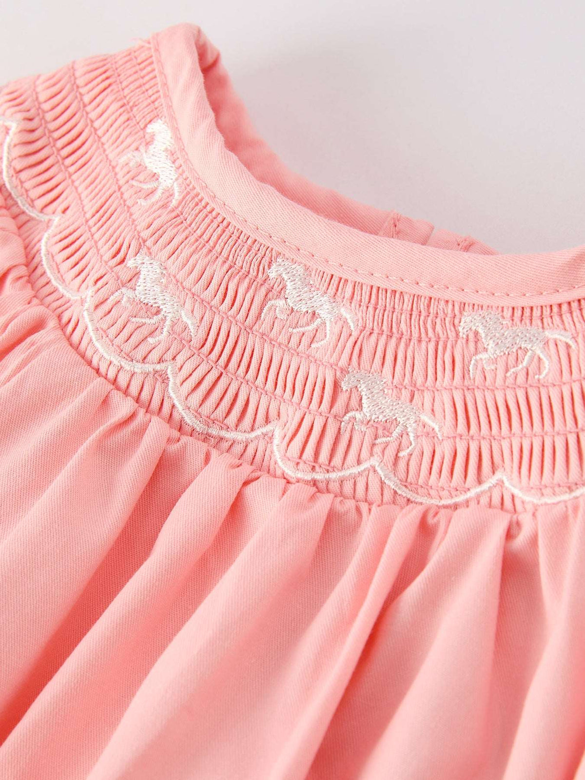 Girls Horse Smocking Embroidered Coral Romper - Rylee Faith Designs - Flyclothing LLC