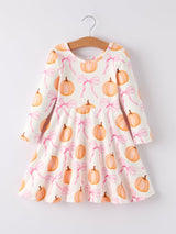 Fall Halloween & Thanksgiving Pumpkin Bow Print Long Sleeve Dress - Rylee Faith Designs - Flyclothing LLC