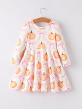 Fall Halloween & Thanksgiving Pumpkin Bow Print Long Sleeve Dress - Rylee Faith Designs - Flyclothing LLC