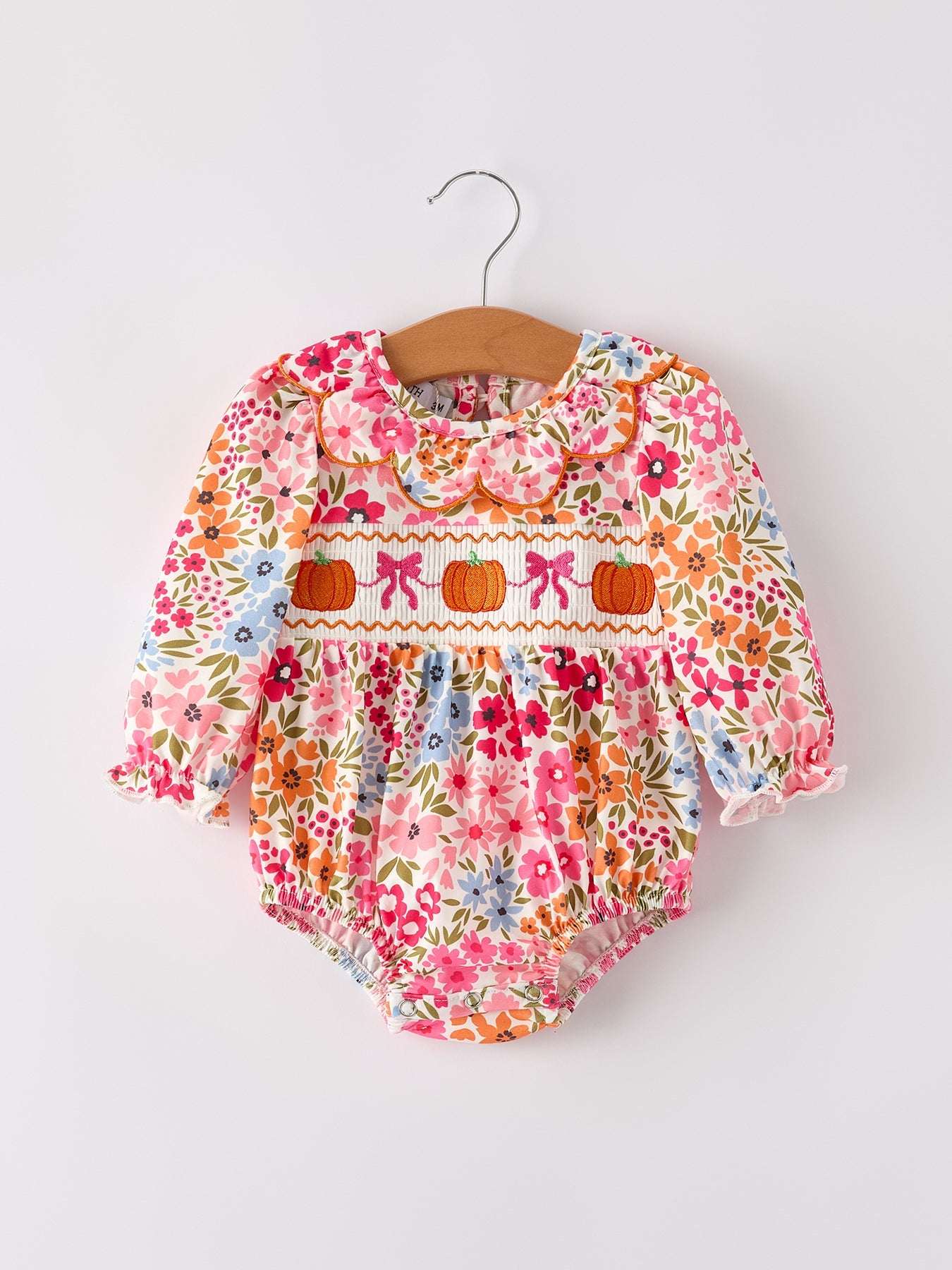 Fall Halloween & Thanksgiving Pumpkin Bow Smock Embroidered Floral Baby Girl Romper