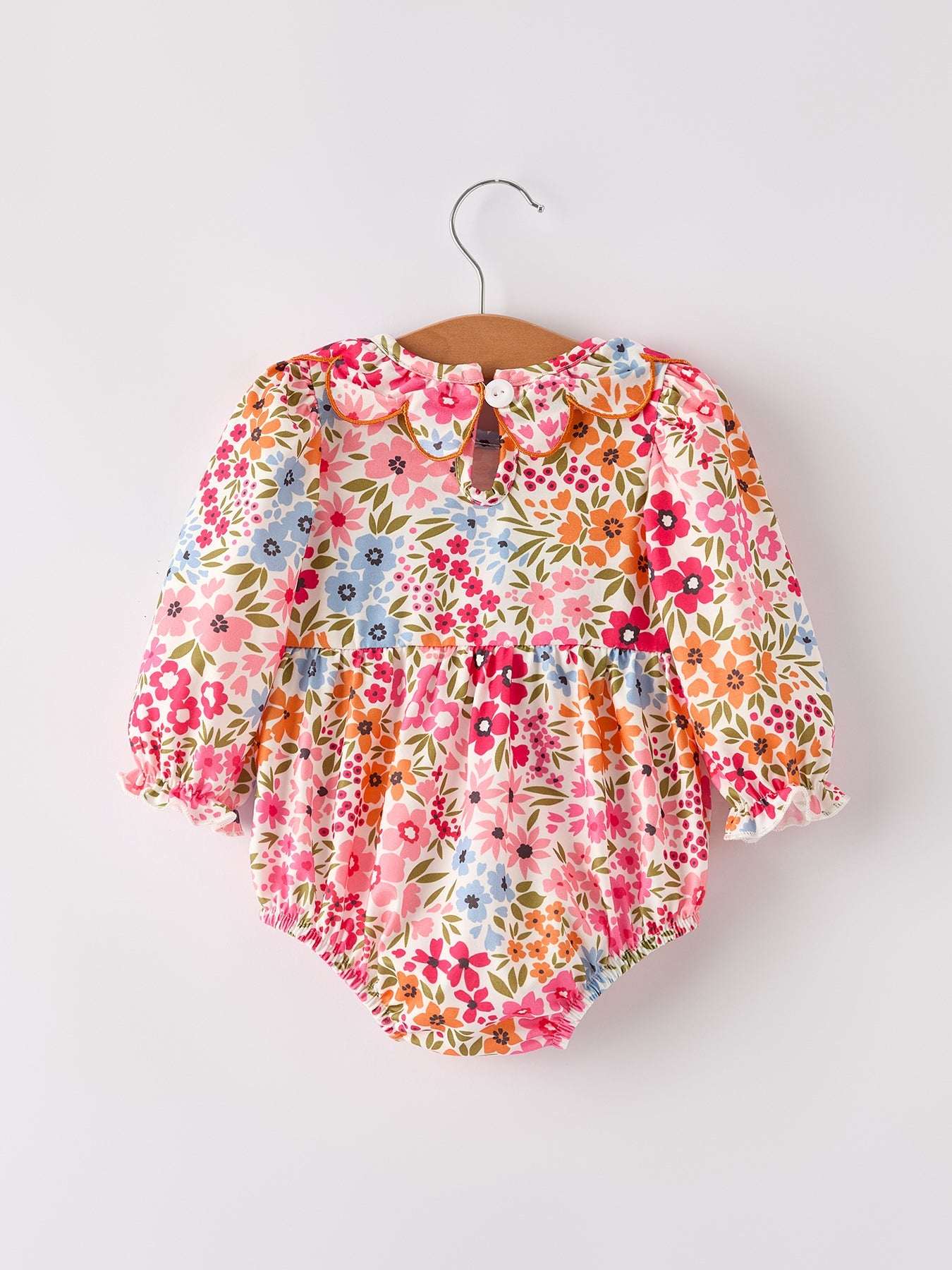 Fall Halloween & Thanksgiving Pumpkin Bow Smock Embroidered Floral Baby Girl Romper