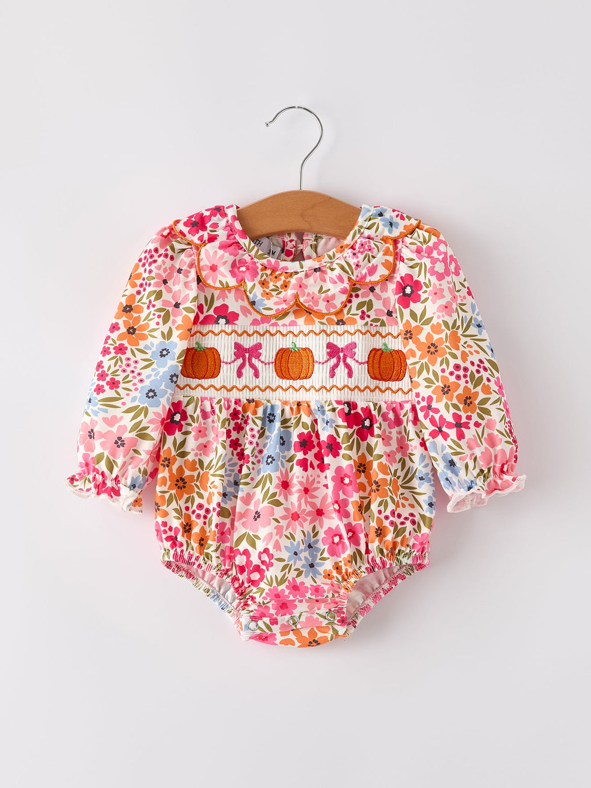 Fall Halloween & Thanksgiving Pumpkin Bow Smock Embroidered Floral Baby Girl Romper - Rylee Faith Designs - Flyclothing LLC