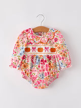 Fall Halloween & Thanksgiving Pumpkin Bow Smock Embroidered Floral Baby Girl Romper - Rylee Faith Designs - Flyclothing LLC