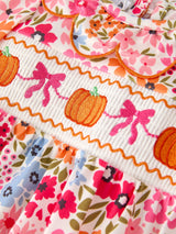 Fall Halloween & Thanksgiving Pumpkin Bow Smock Embroidered Floral Baby Girl Romper - Rylee Faith Designs - Flyclothing LLC