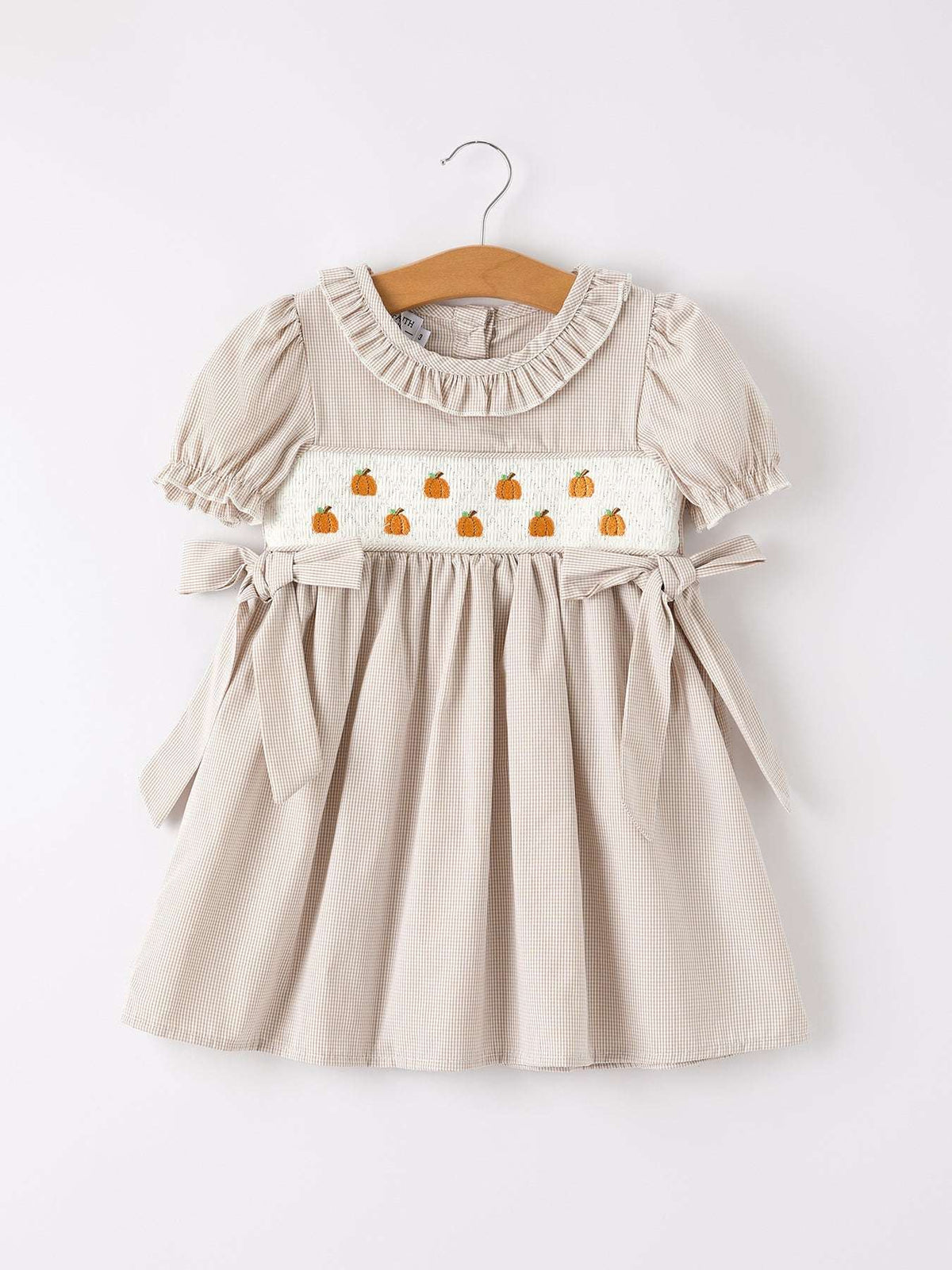 Fall Thanksgiving Pumpkin Embroidery Smock Plaid Girls Dress