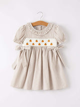 Fall Thanksgiving Pumpkin Embroidery Smock Plaid Girls Dress