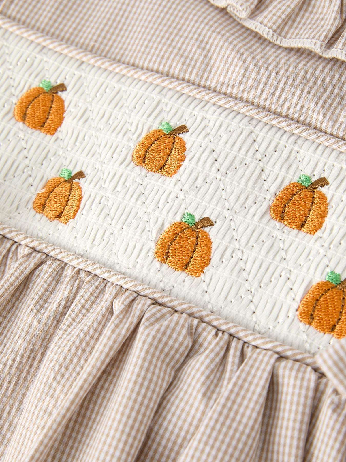 Fall Thanksgiving Pumpkin Embroidery Smock Plaid Girls Dress
