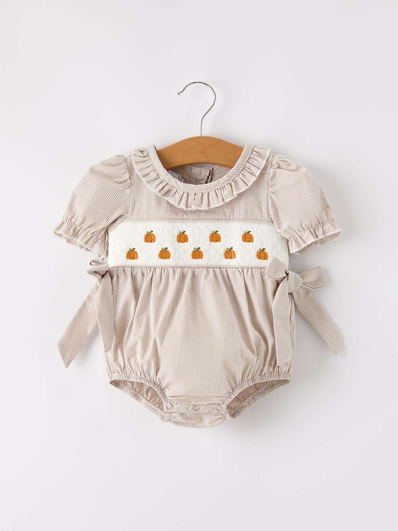 Fall Halloween & Thanksgiving Pumpkin Embroidery Smock Plaid Baby Girl Romper