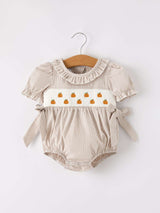 Fall Halloween & Thanksgiving Pumpkin Embroidery Smock Plaid Baby Girl Romper