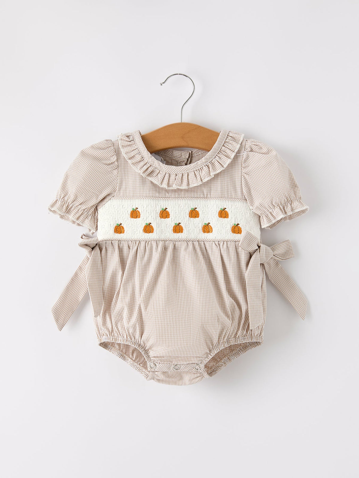 Fall Halloween & Thanksgiving Pumpkin Embroidery Smock Plaid Baby Girl Romper - Rylee Faith Designs - Flyclothing LLC