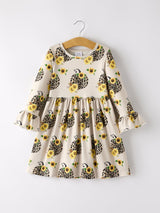 Fall Pumpkin Leopard Print Autumn Girls Ruffle Two-Piece Dress