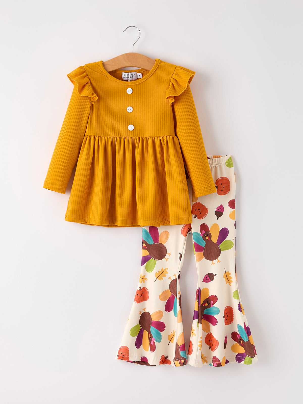 Fall Halloween & Thanksgiving Pumpkin Turkey Print Girls Long Sleeve Set - Rylee Faith Designs - Flyclothing LLC