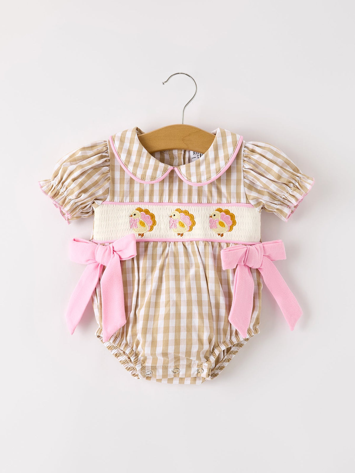Fall Thanksgiving Lapel Plaid Chick Embroidery Smocking Bow Baby Girls Romper