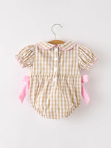 Fall Thanksgiving Lapel Plaid Chick Embroidery Smocking Bow Baby Girls Romper