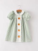 Fall Halloween & Thanksgiving Pumpkin Applique Plaid Green Girls Dress - Rylee Faith Designs - Flyclothing LLC